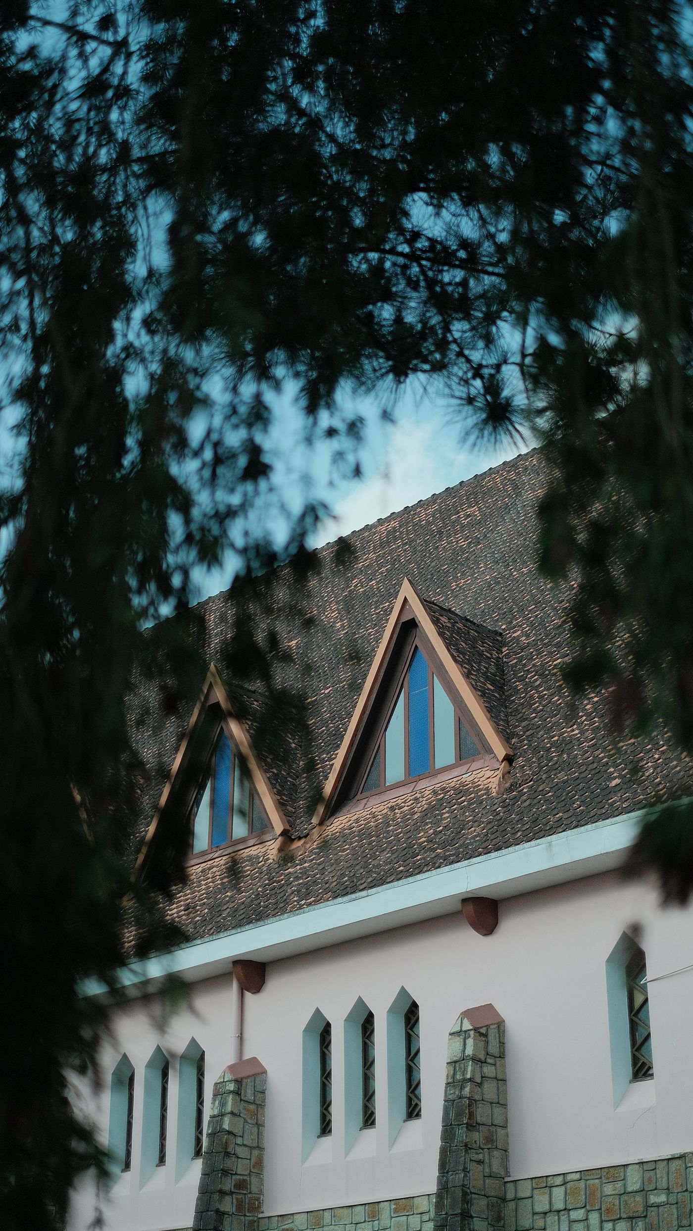 Gabled house framed by green trees